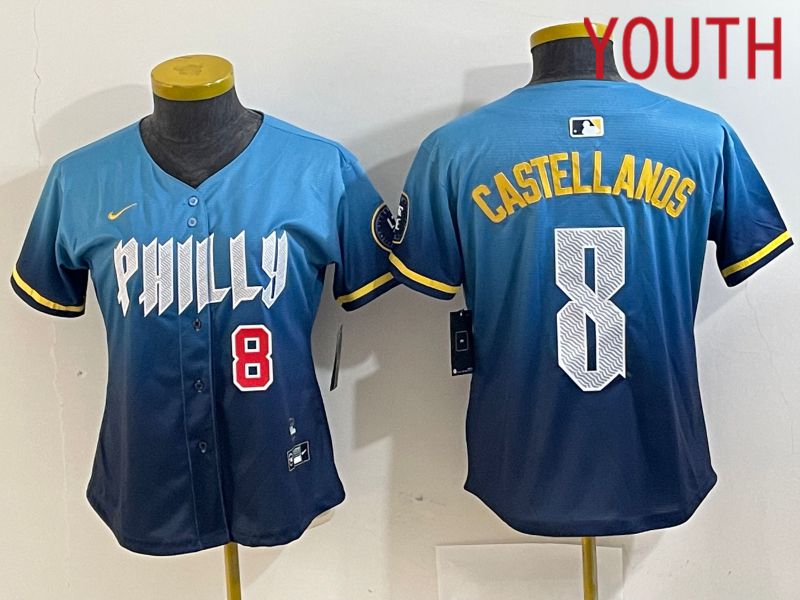 Youth Philadelphia Phillies 8 Castellanos Blue City Edition Nike 2024 MLB Jersey style 4